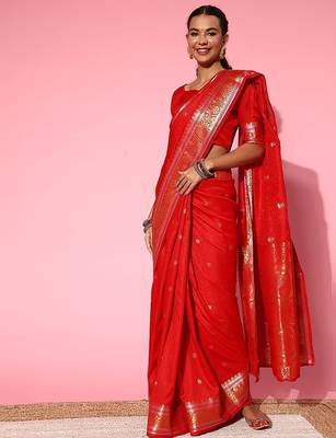 Red ethnic motifs zari banarasi saree 2