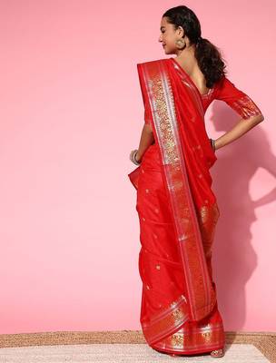 Red ethnic motifs zari banarasi saree 3