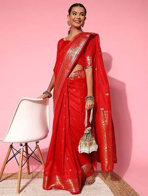 Red ethnic motifs zari banarasi saree 4