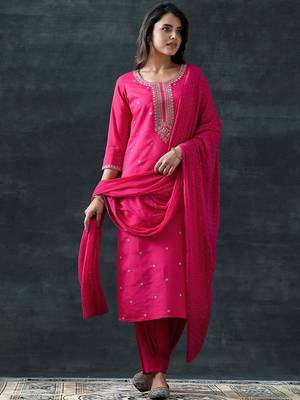 women ethnic motifs embroidered kurta with churidar & dupatta 1