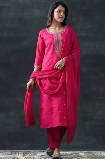 women ethnic motifs embroidered kurta with churidar & dupatta