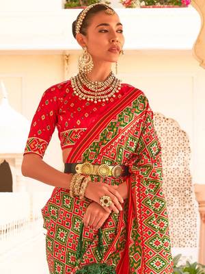 Red ethnic motifs printed zari ikat saree 3