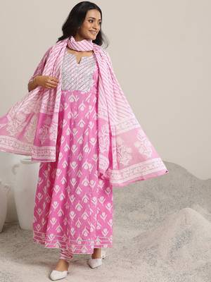 womens pink printed cotton anarkali kurta with churidar & dupatta 1