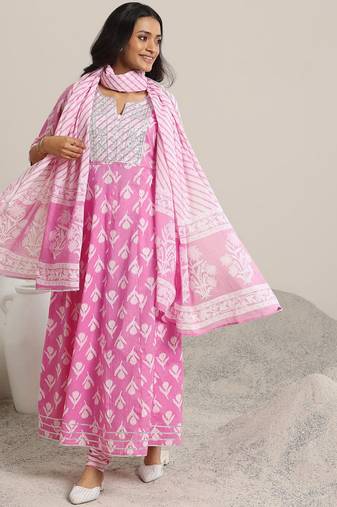 womens pink printed cotton anarkali kurta with churidar & dupatta