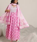 womens pink printed cotton anarkali kurta with churidar & dupatta