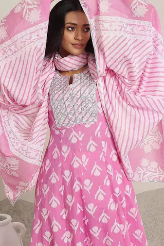 womens pink printed cotton anarkali kurta with churidar & dupatta