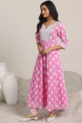 womens pink printed cotton anarkali kurta with churidar & dupatta