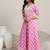 womens pink printed cotton anarkali kurta with churidar & dupatta