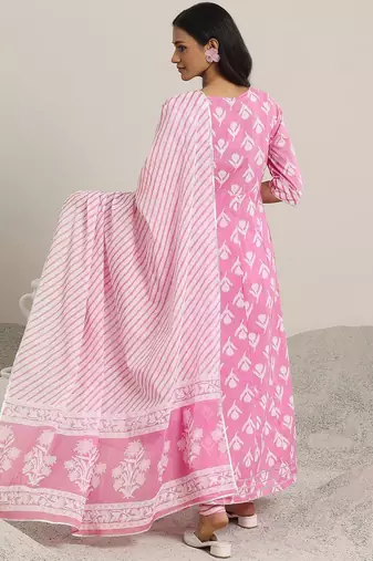 womens pink printed cotton anarkali kurta with churidar & dupatta