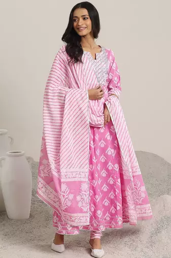 womens pink printed cotton anarkali kurta with churidar & dupatta
