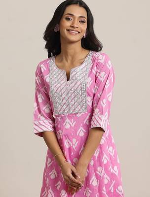 womens pink printed cotton anarkali kurta with churidar & dupatta 6