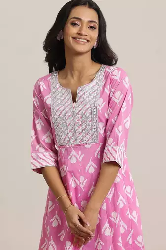 womens pink printed cotton anarkali kurta with churidar & dupatta