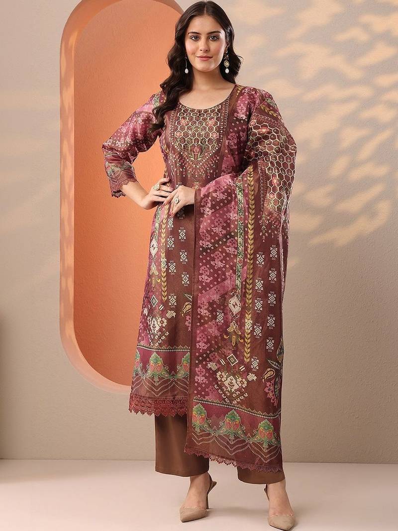 women ethnic motifs printed regular kurta with trousers & with dupatta