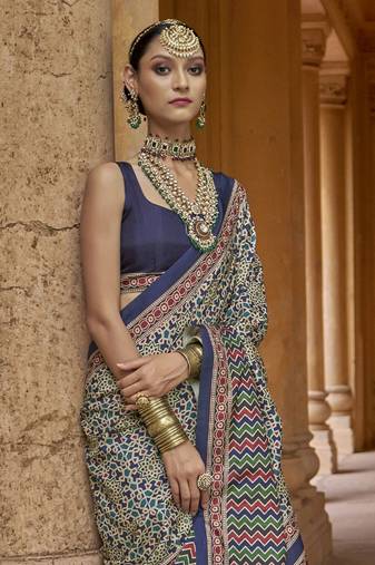 Blue ajrak printed block banarasi saree