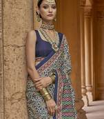 Blue ajrak printed block banarasi saree