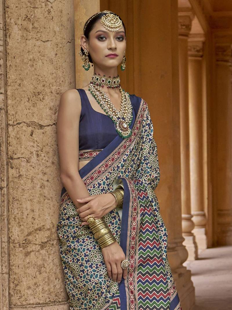 Blue ajrak printed block banarasi saree
