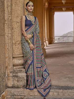 Blue ajrak printed block banarasi saree 2