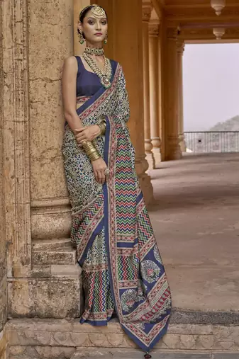 Blue ajrak printed block banarasi saree
