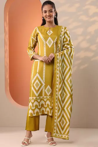 ethnic motifs printed straight kurta with trousers & dupatta