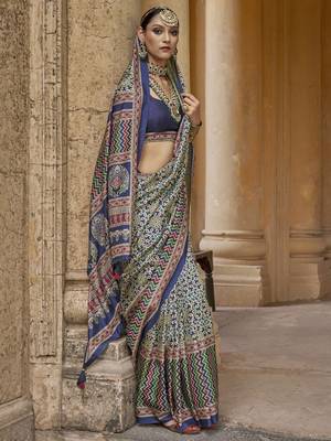 Blue ajrak printed block banarasi saree 3