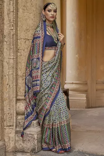 Blue ajrak printed block banarasi saree
