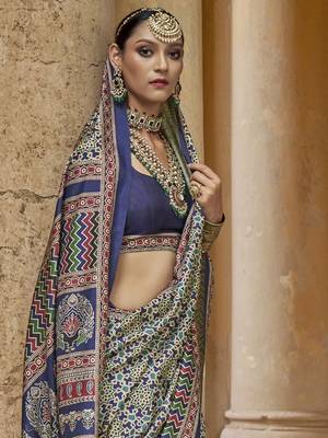 Blue ajrak printed block banarasi saree 4
