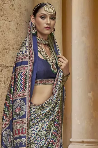Blue ajrak printed block banarasi saree