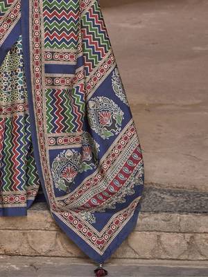 Blue ajrak printed block banarasi saree 5