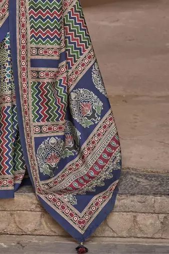 Blue ajrak printed block banarasi saree
