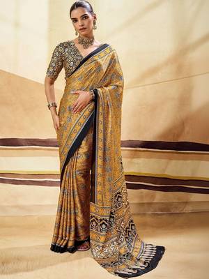Mustard ajrak block satin designer block print saree 1