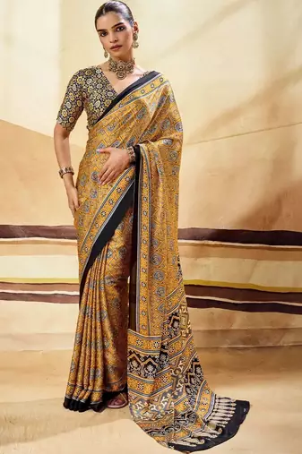 Mustard ajrak block satin designer block print saree