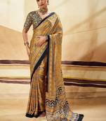 Mustard ajrak block satin designer block print saree