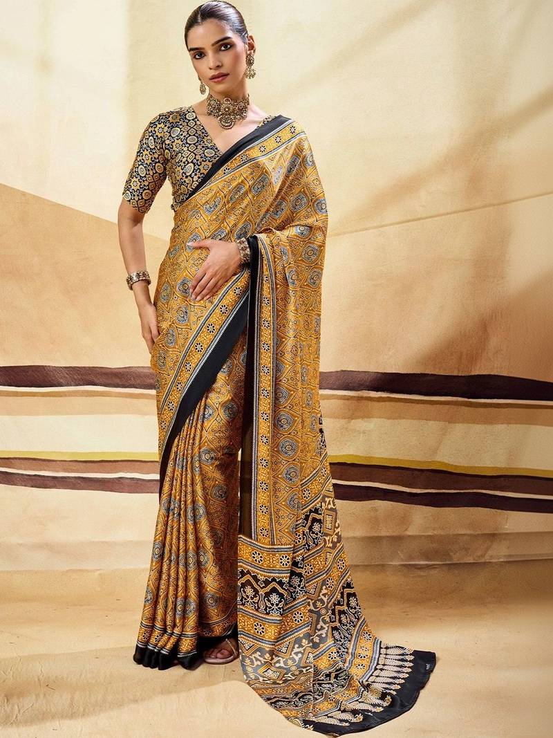 Mustard ajrak block satin designer block print saree