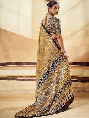 Mustard ajrak block satin designer block print saree 2