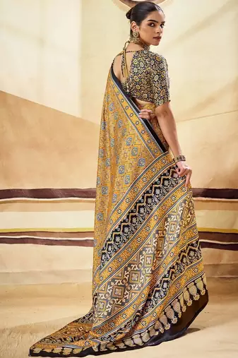 Mustard ajrak block satin designer block print saree