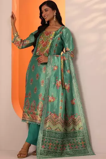 women ethnic motifs printed regular mirror work kurta with trousers & with dupatta