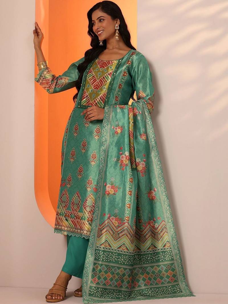 women ethnic motifs printed regular mirror work kurta with trousers & with dupatta