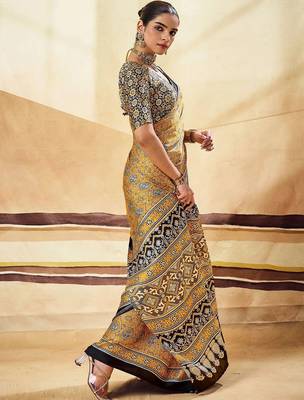 Mustard ajrak block satin designer block print saree 3