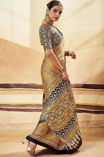 Mustard ajrak block satin designer block print saree