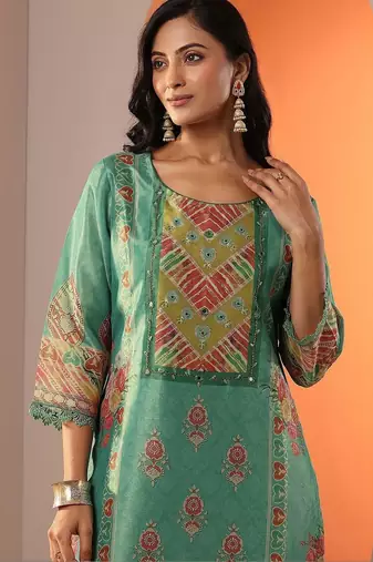 women ethnic motifs printed regular mirror work kurta with trousers & with dupatta