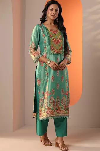 women ethnic motifs printed regular mirror work kurta with trousers & with dupatta