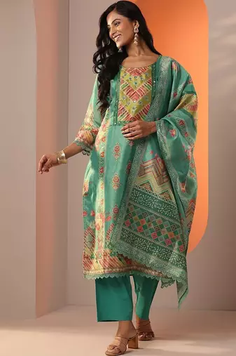 women ethnic motifs printed regular mirror work kurta with trousers & with dupatta