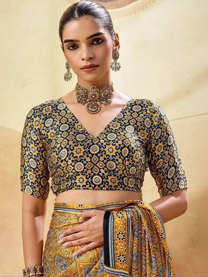 Mustard ajrak block satin designer block print saree 4