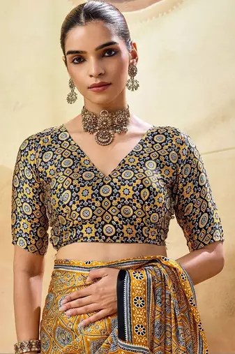 Mustard ajrak block satin designer block print saree
