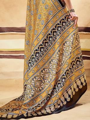 Mustard ajrak block satin designer block print saree 5