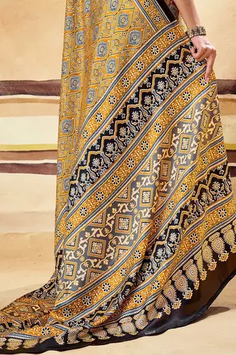 Mustard ajrak block satin designer block print saree