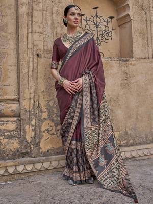 Maroon ajrak block printed banarasi saree 1