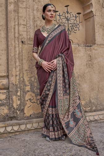 Maroon ajrak block printed banarasi saree
