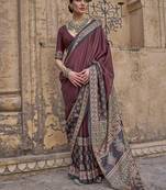 Maroon ajrak block printed banarasi saree