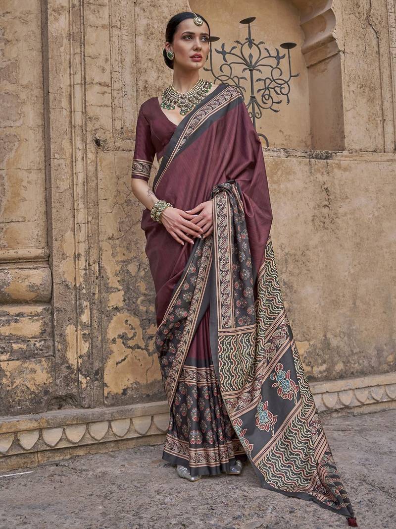 Maroon ajrak block printed banarasi saree